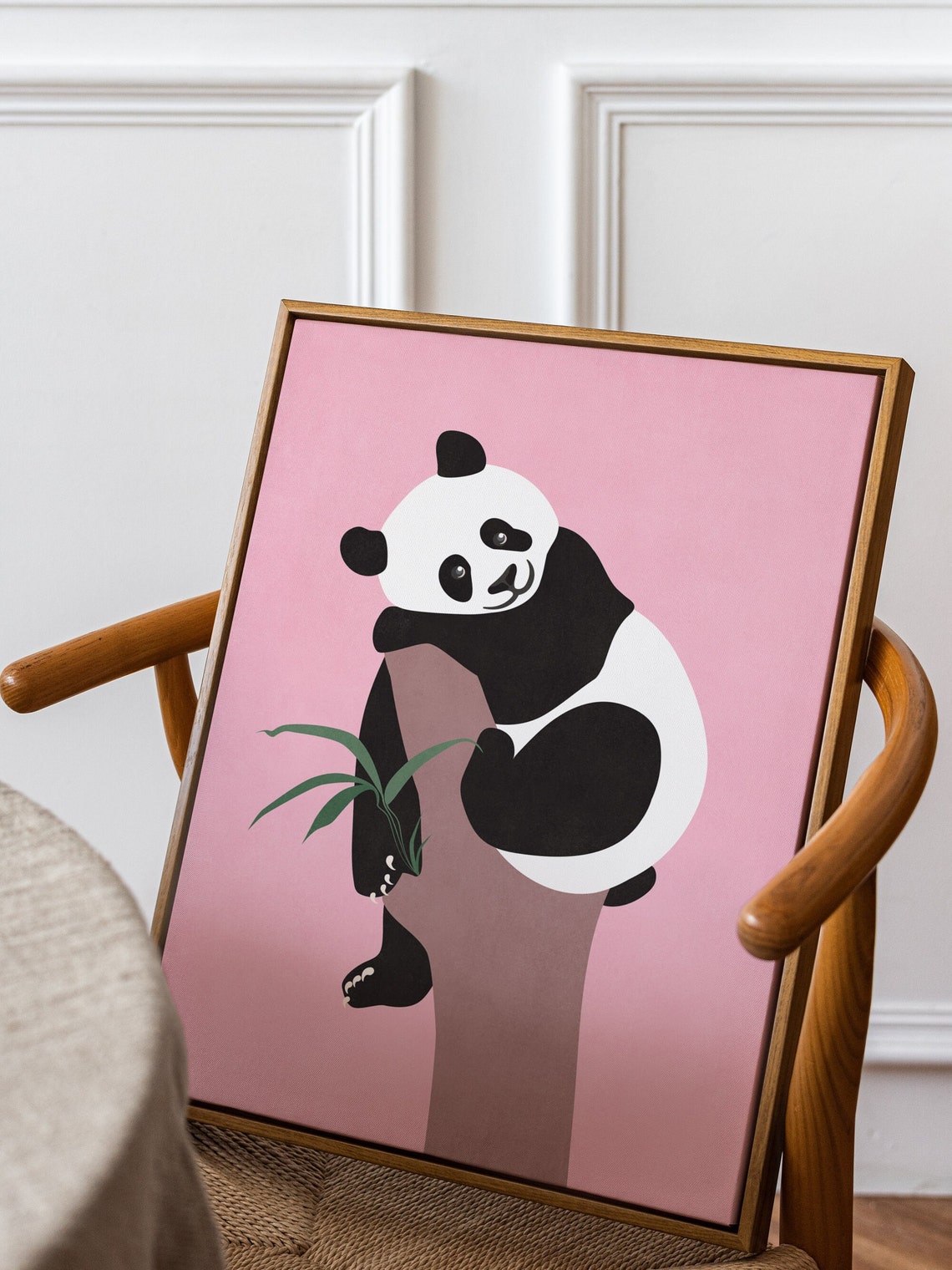 Cute Panda Climbing Tree Poster on Soft Pink Nursery Background Art - Image 2
