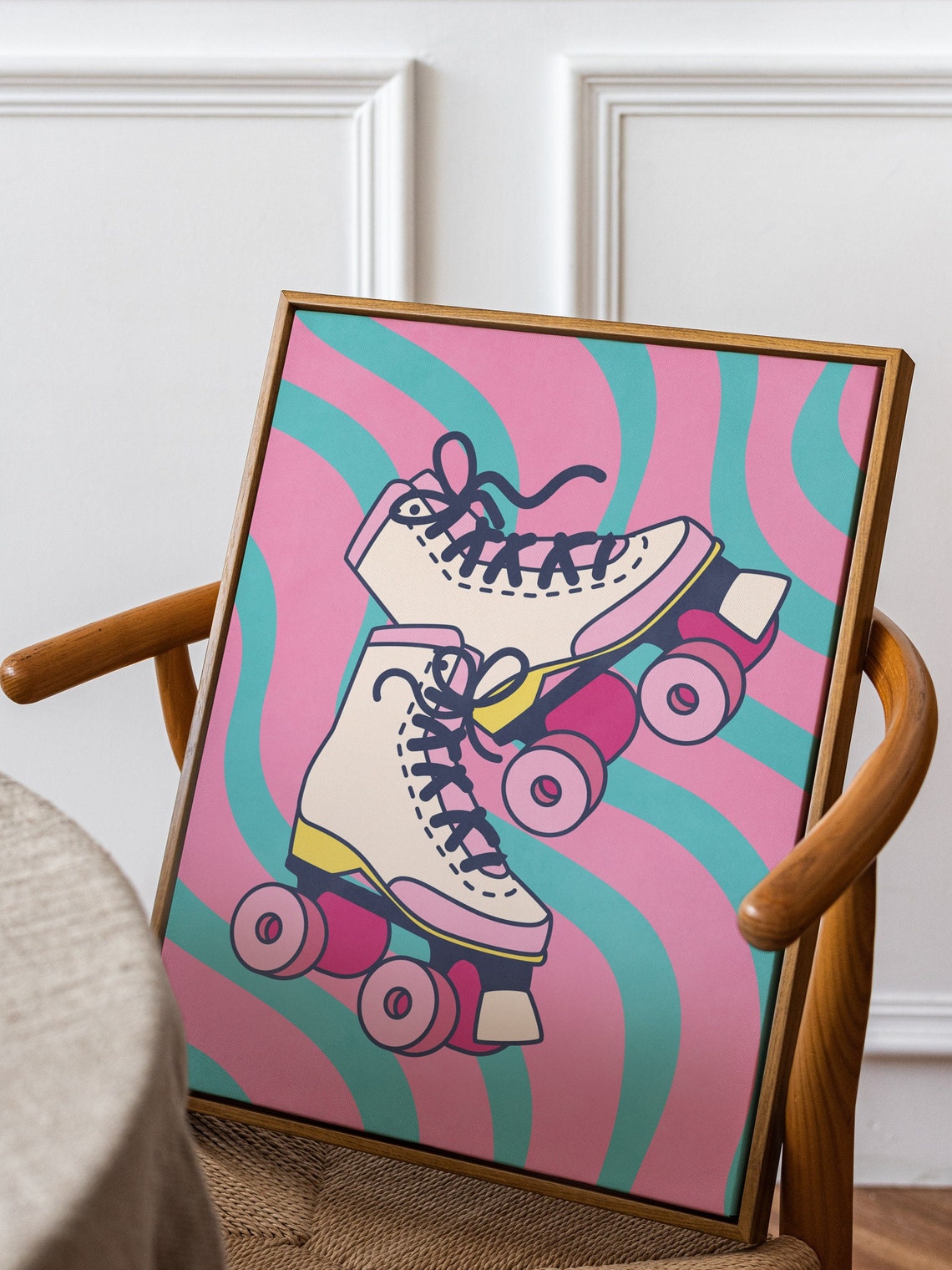 Retro Roller Skates Illustration on Pink and Teal Swirl Poster - Image 2