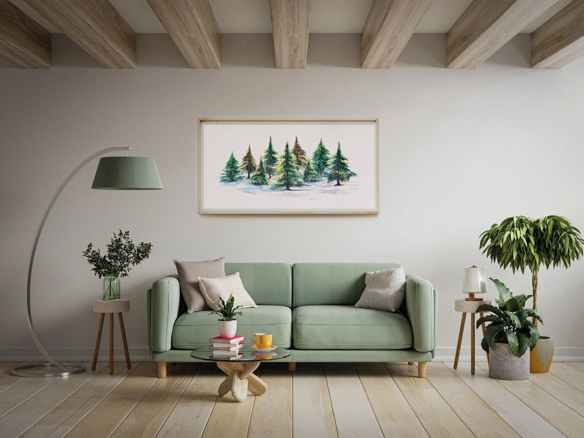 Watercolor Snowy Pine Trees Winter Forest Landscape Wall Art - Image 2