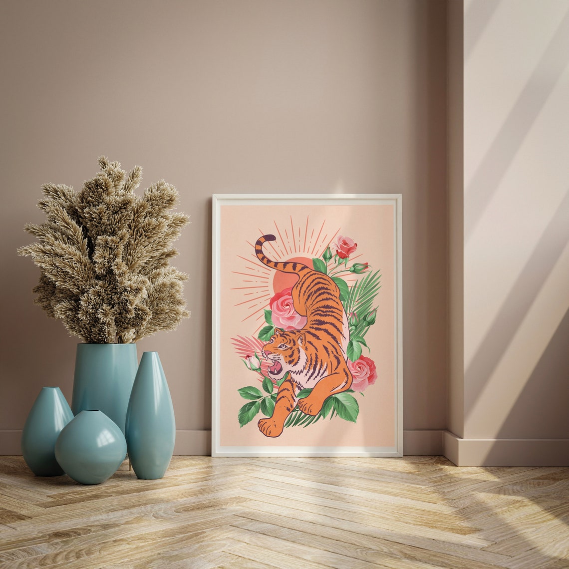 Orange Tiger Among Blooming Roses Boho Tropical Animal Wall Art - Image 2