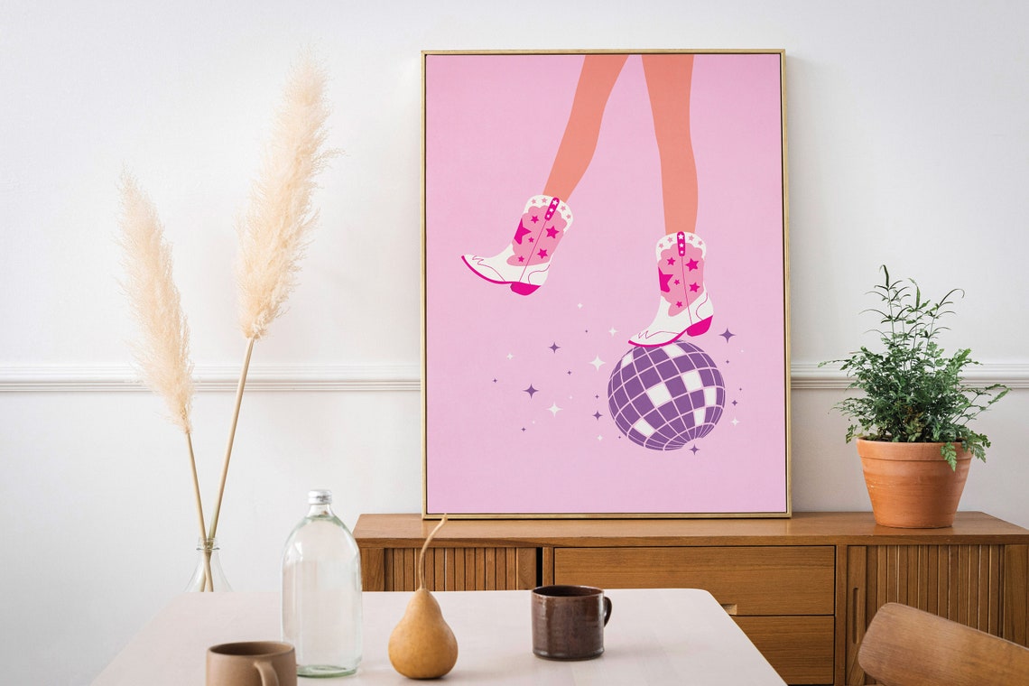 Pink Poster Print Cowgirl Poster Wall Art Trendy Disco Ball Decor Cowgirl Wall Art Disco Ball Print Disco Bachelorette Cowgirl Boot Print