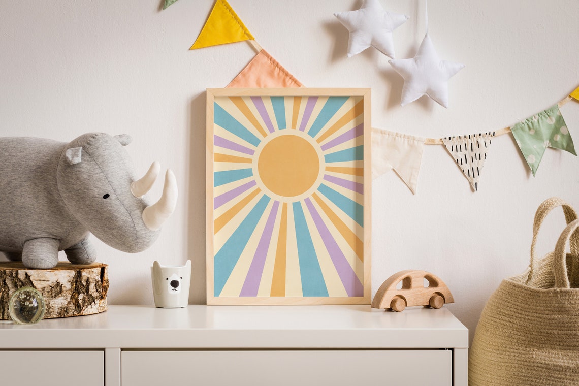 Cheerful Pastel Sunburst Wall Art with Colorful Retro Sun Rays Decor - Image 2