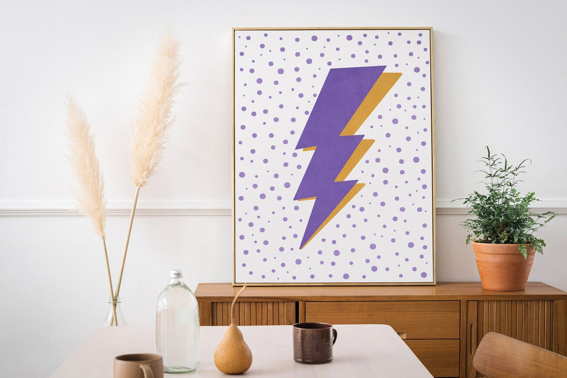 Bold Purple and Mustard Lightning Bolt Over Polka Dots Art Print - Image 3