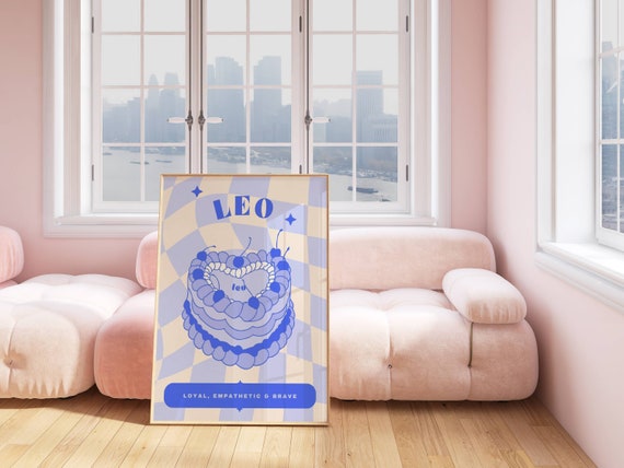 Leo Birthday Cake Zodiac Star Sign Print Astrological Wall Art Artwork Poster Checkered Colour Gradient Print Wavy Print