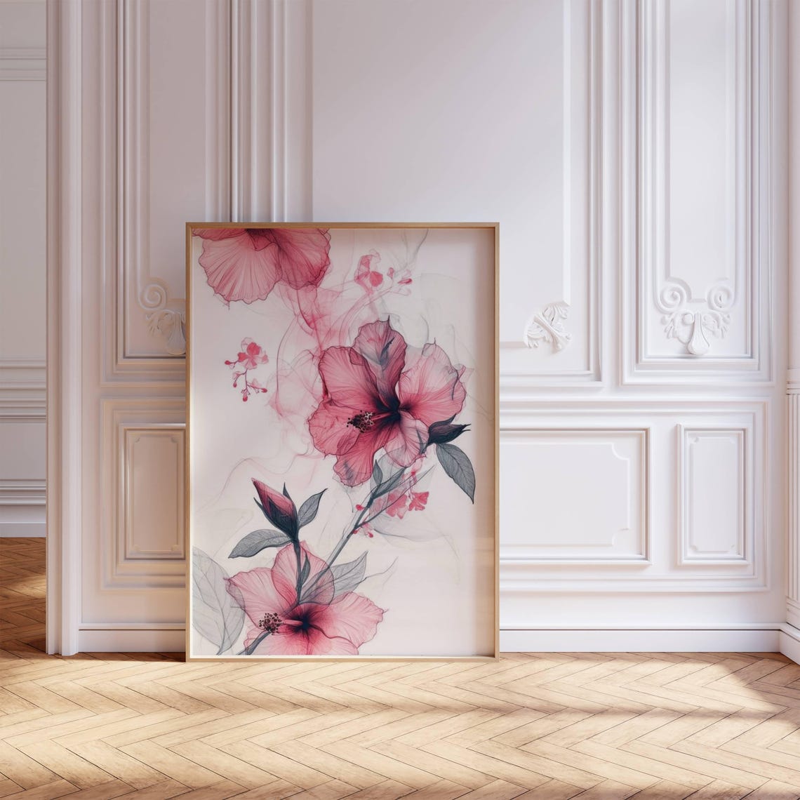 Pink Hibiscus Watercolor Wispy Blooms Grey Leaves Minimalist Print - Image 3