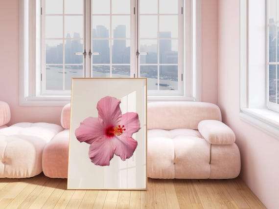 Hibiscus Flower Hawaiian Art Print Decor Wall Art Retro Art Print Preppy Room Decor Pink Hibiscus Flower Hawaiian Poster