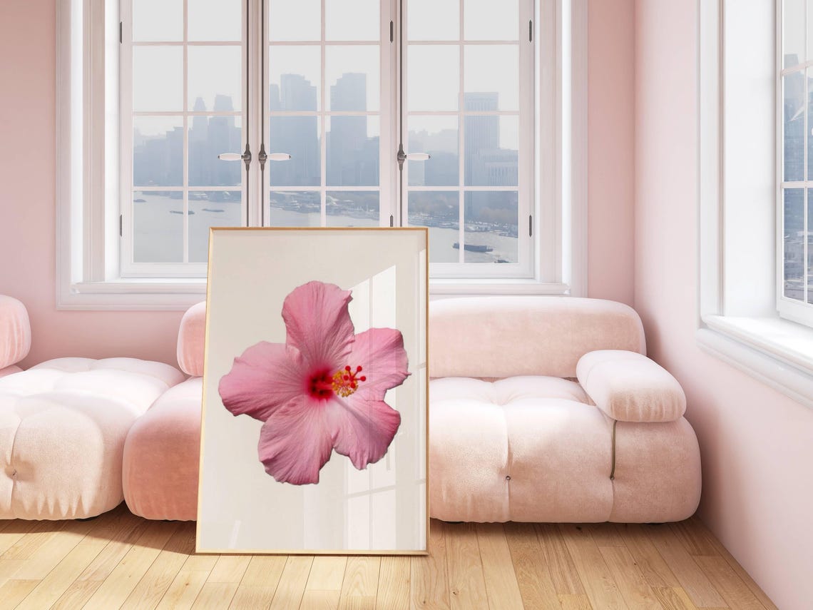 Pink Hibiscus Single Bloom Photo Style Tropical Flower Wall Art