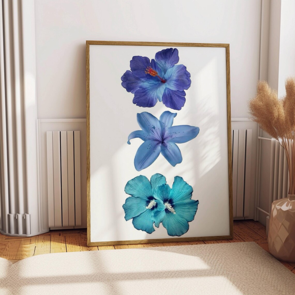 Blue Hibiscus Lily Trio Minimalist Botanical Floral Art Print Poster