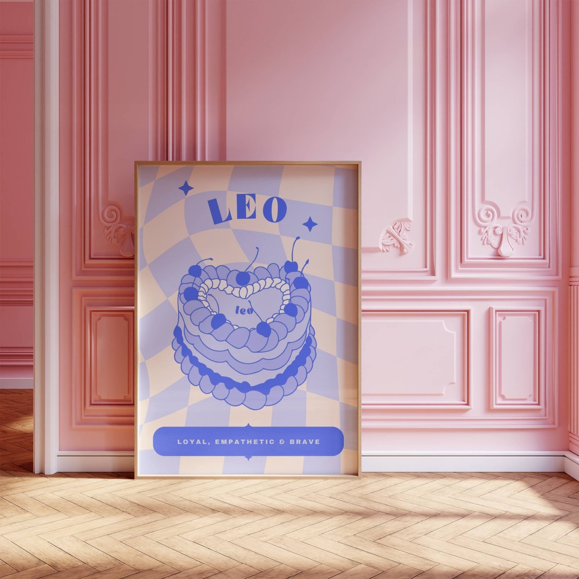 Leo Blue Birthday Cake Zodiac Star Sign Retro Checkerboard Poster - Image 3