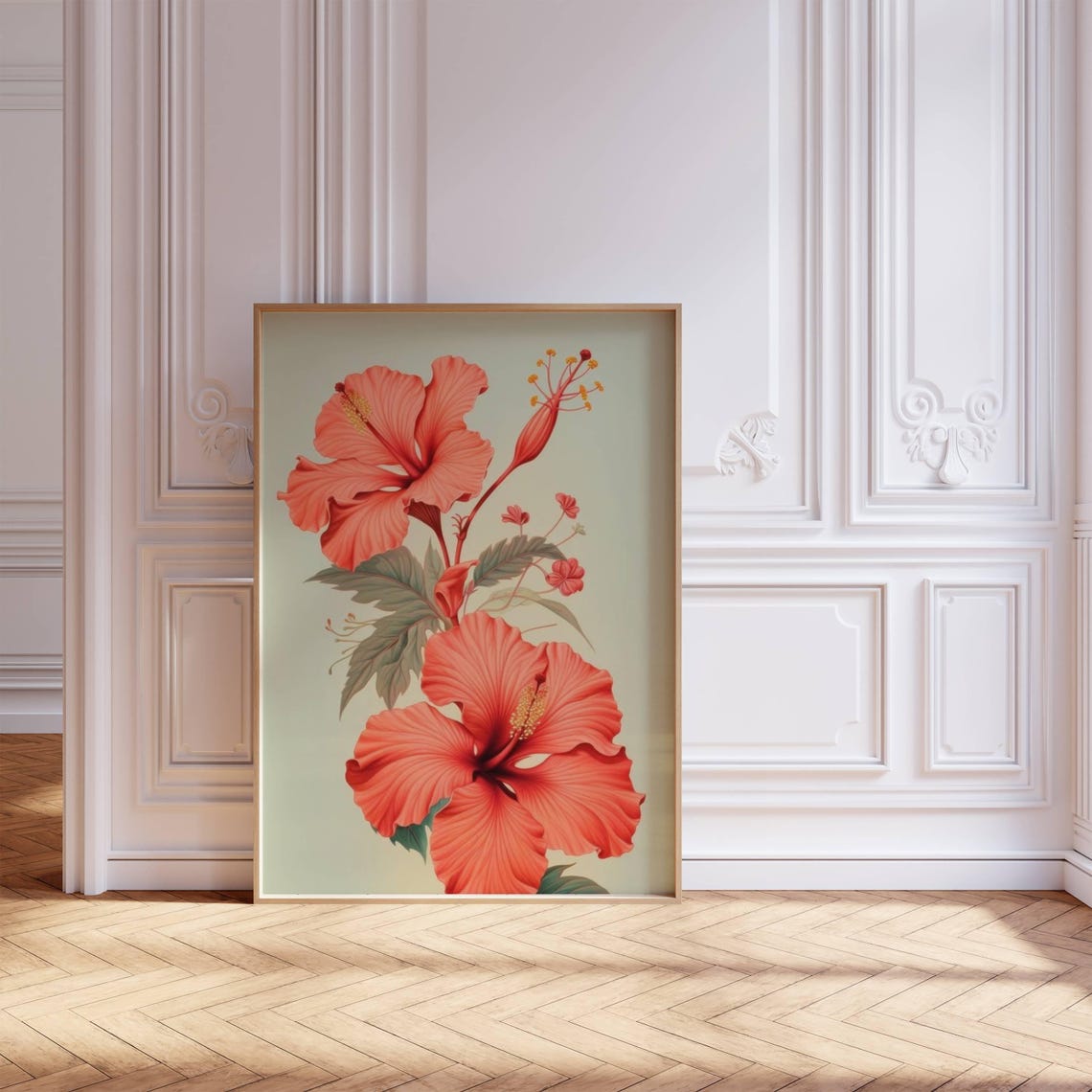 Red Hibiscus Vintage Botanical Illustration Sage Green Floral Poster - Image 3