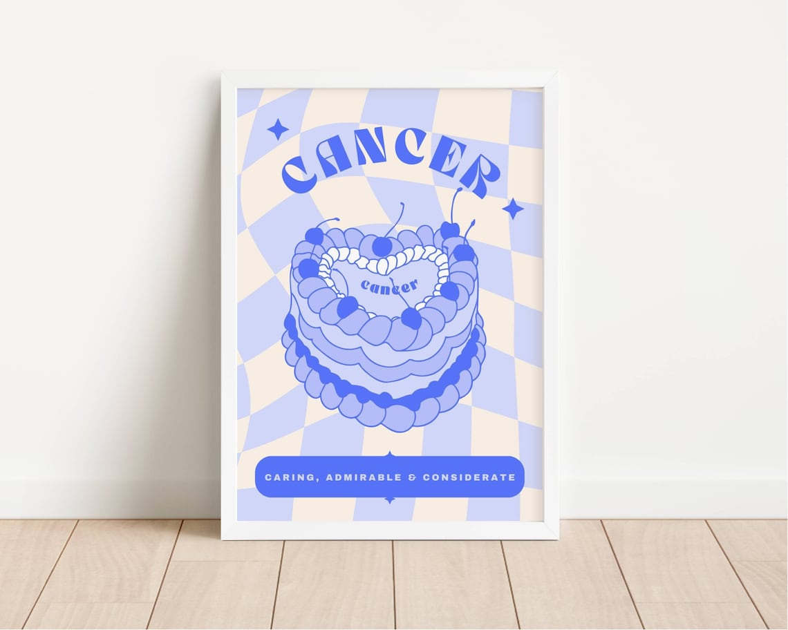 Cancer Blue Birthday Cake Zodiac Star Sign Retro Checkerboard Poster - Image 2