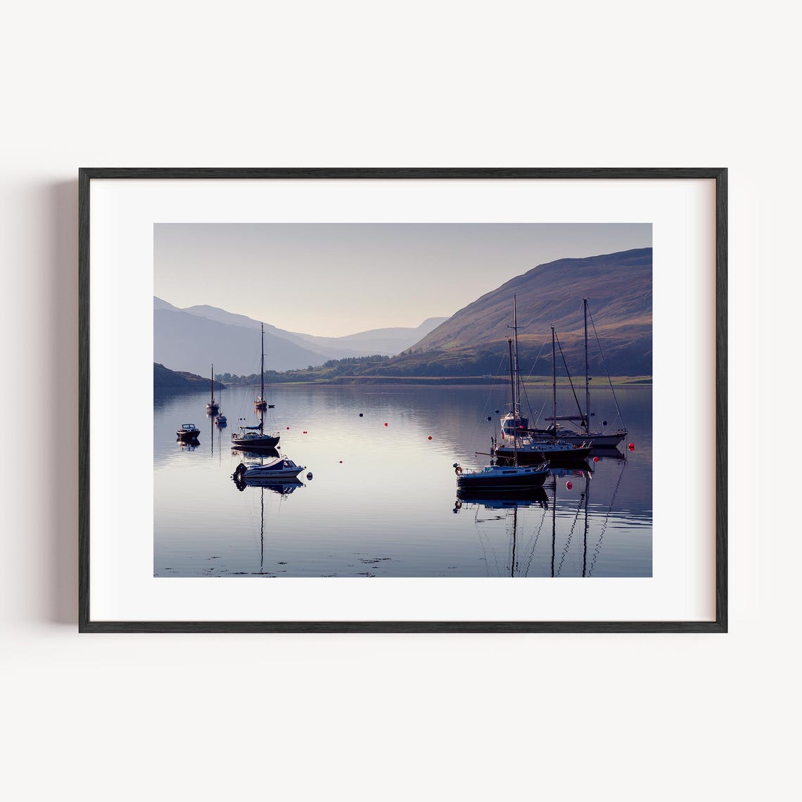 Calm Scottish Loch Sailboats Anchored Dawn Mirror Water Photo Poster