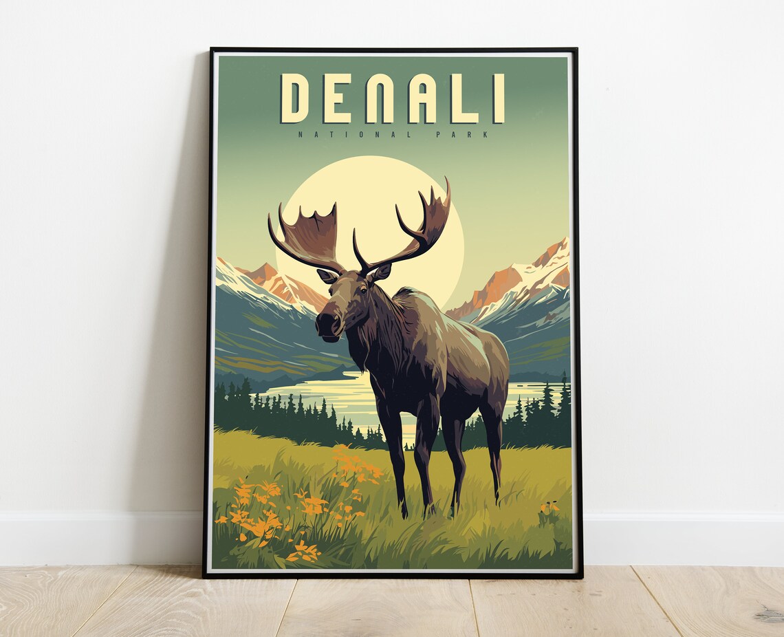 Denali National Park Moose Travel Poster, Wall Decor