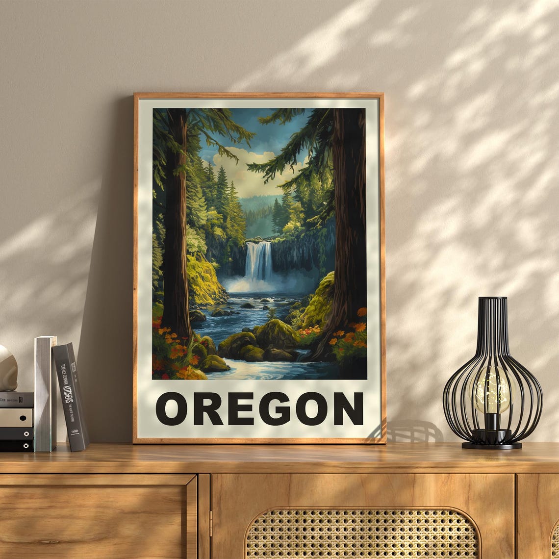 Lush Oregon Waterfall Pine Forest Vintage Nature Travel Poster