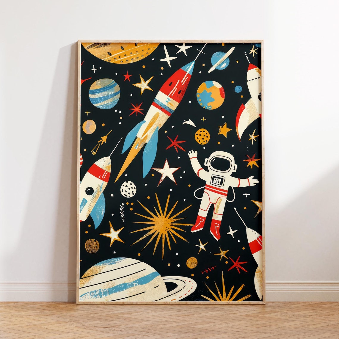 Retro Space Rockets Astronaut Planets Stars Vintage Galaxy Poster