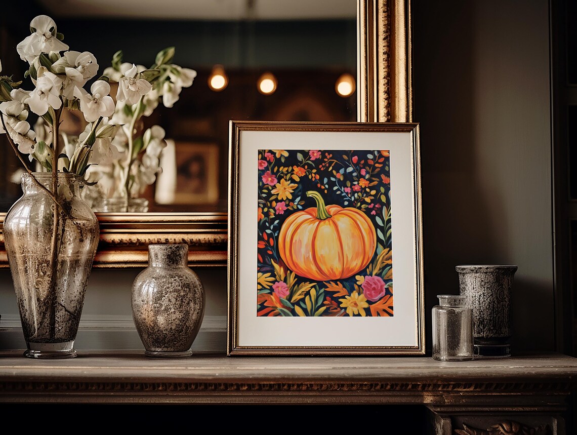 Golden Pumpkin in Fall Florals Dark Navy Botanical Art Poster - Image 2