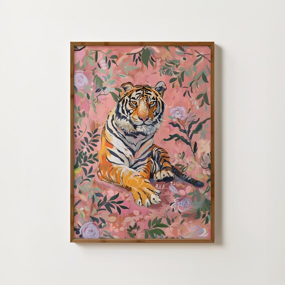 Tiger Lounging Among Pink Flowers Maximalist Floral Art Poster