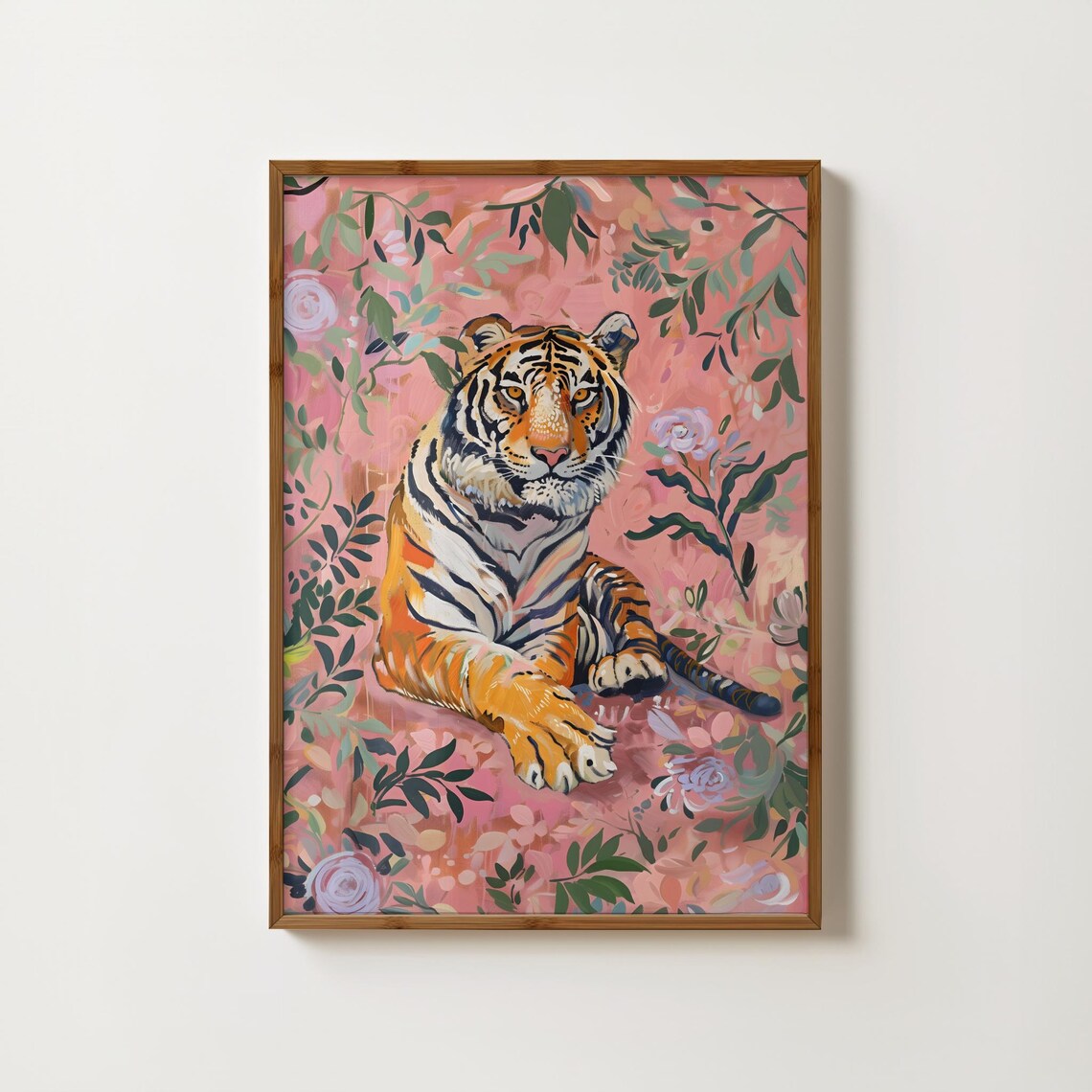 Tiger Lounging Among Pink Flowers Maximalist Floral Art Poster