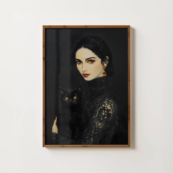 Gothic Victorian Woman In Black Lace Holding Cat Portrait Art Print