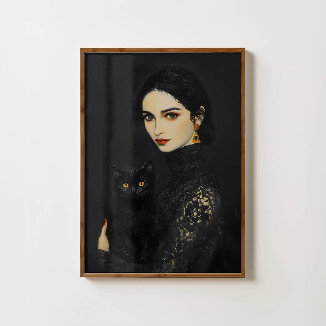 Gothic Victorian Woman In Black Lace Holding Cat Portrait Art Print