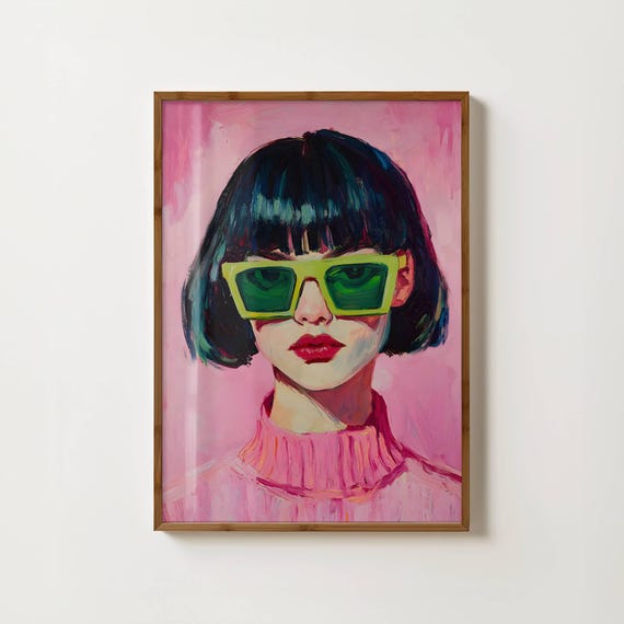 Fashion Girl Portrait Eclectic Womans Portrait Painting Pink Fashion Prints Feminist Art Modern Female Portrait Colourful Maximalist Decor