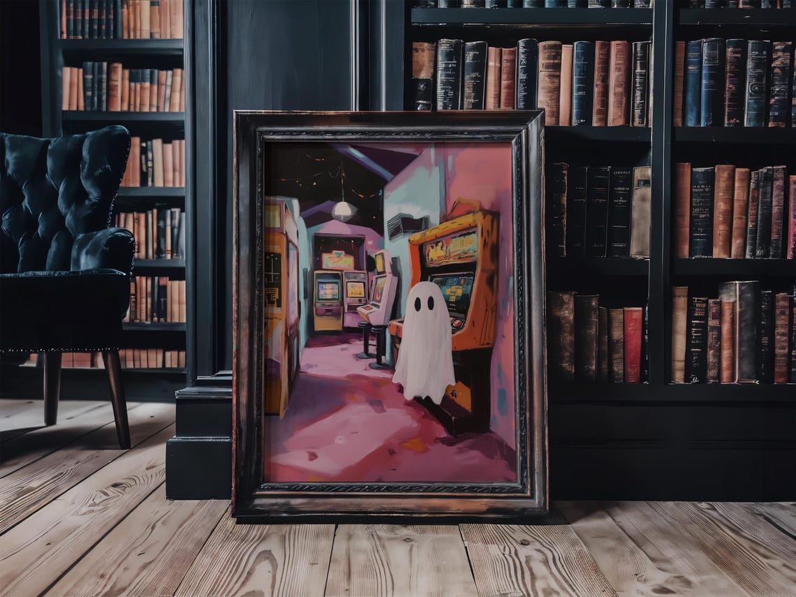 Cute Ghost In Pink Retro Arcade Night Halloween Scene Poster - Image 2