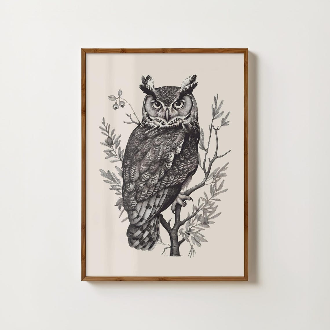 Vintage Gray Owl Engraving Rustic Branch Botanical Wall Art Decor
