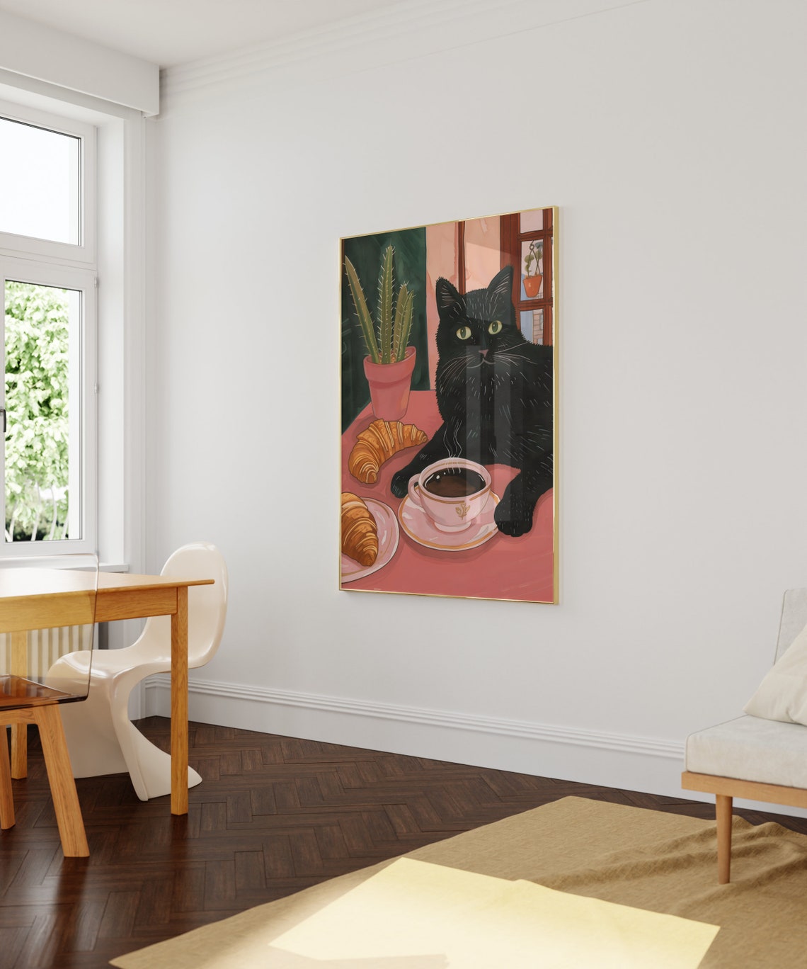 Black Cat With Coffee And Croissants At Pink Cafe Table Art Poster - Image 4