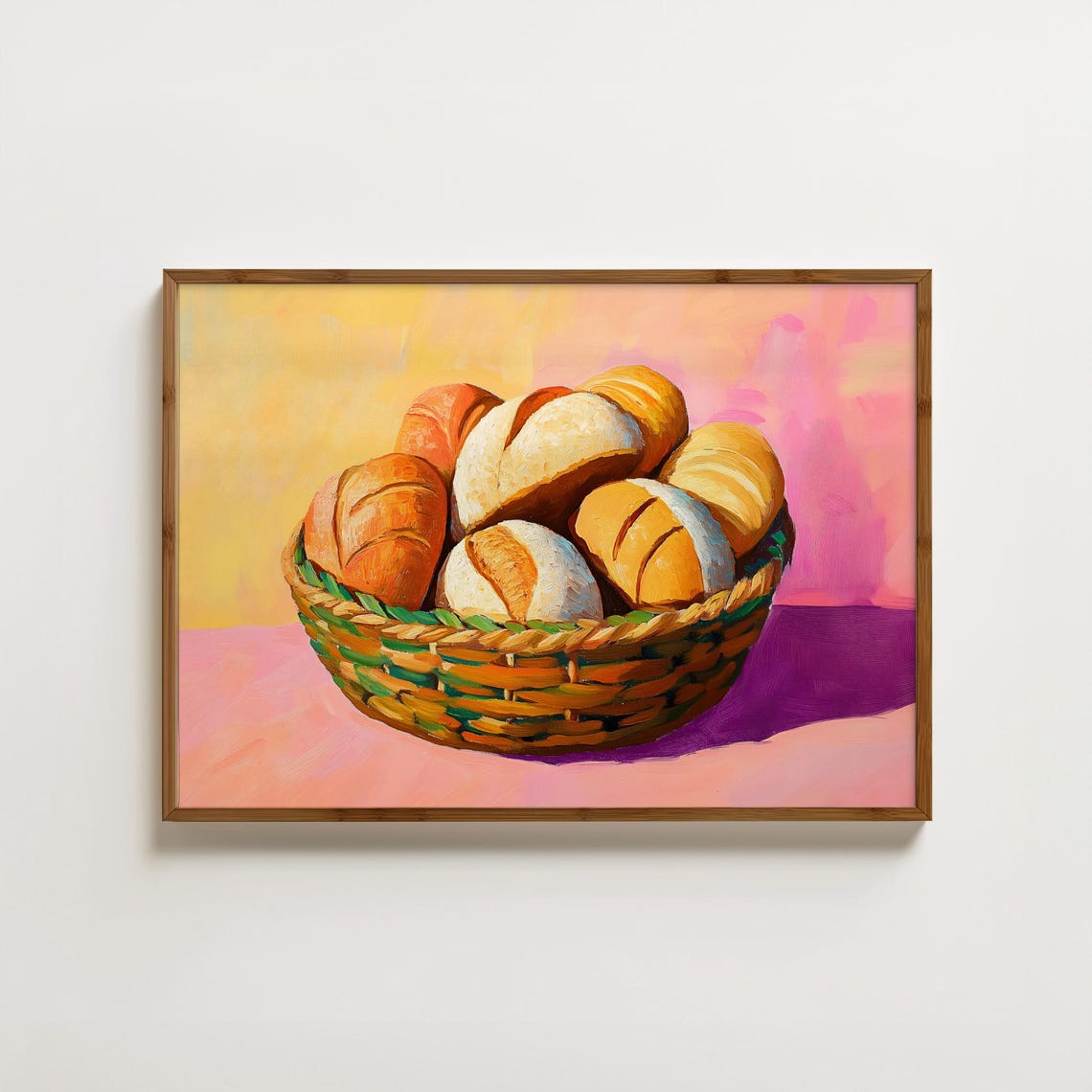 Woven Basket Of Fresh Golden Bread Rolls On Pink Background Poster
