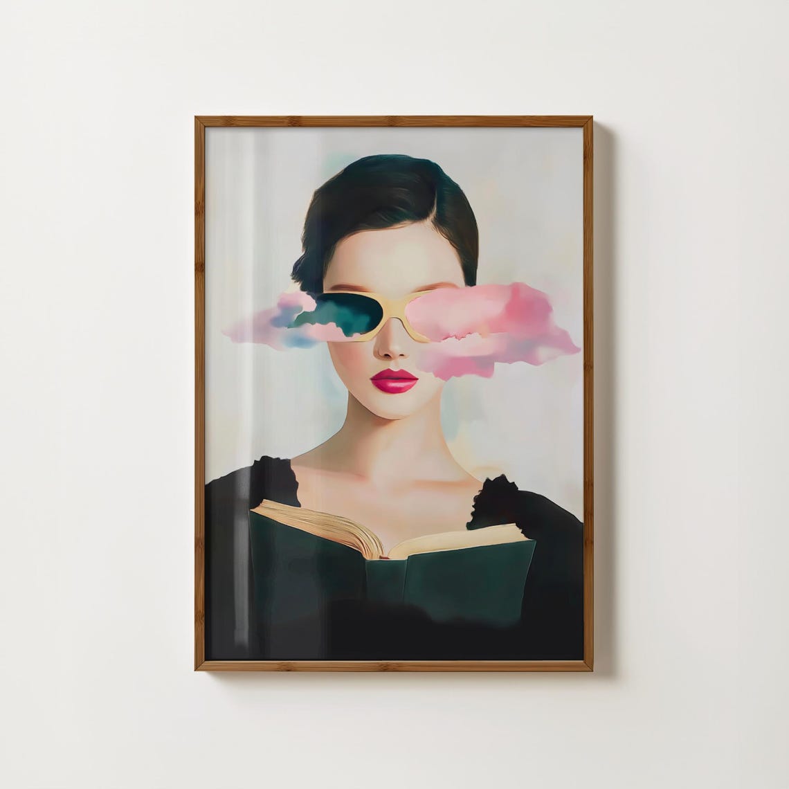 Woman Reading With Pink Cloud Sunglasses Surreal Portrait Poster