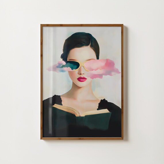 Woman Reading With Pink Cloud Sunglasses Surreal Portrait Poster