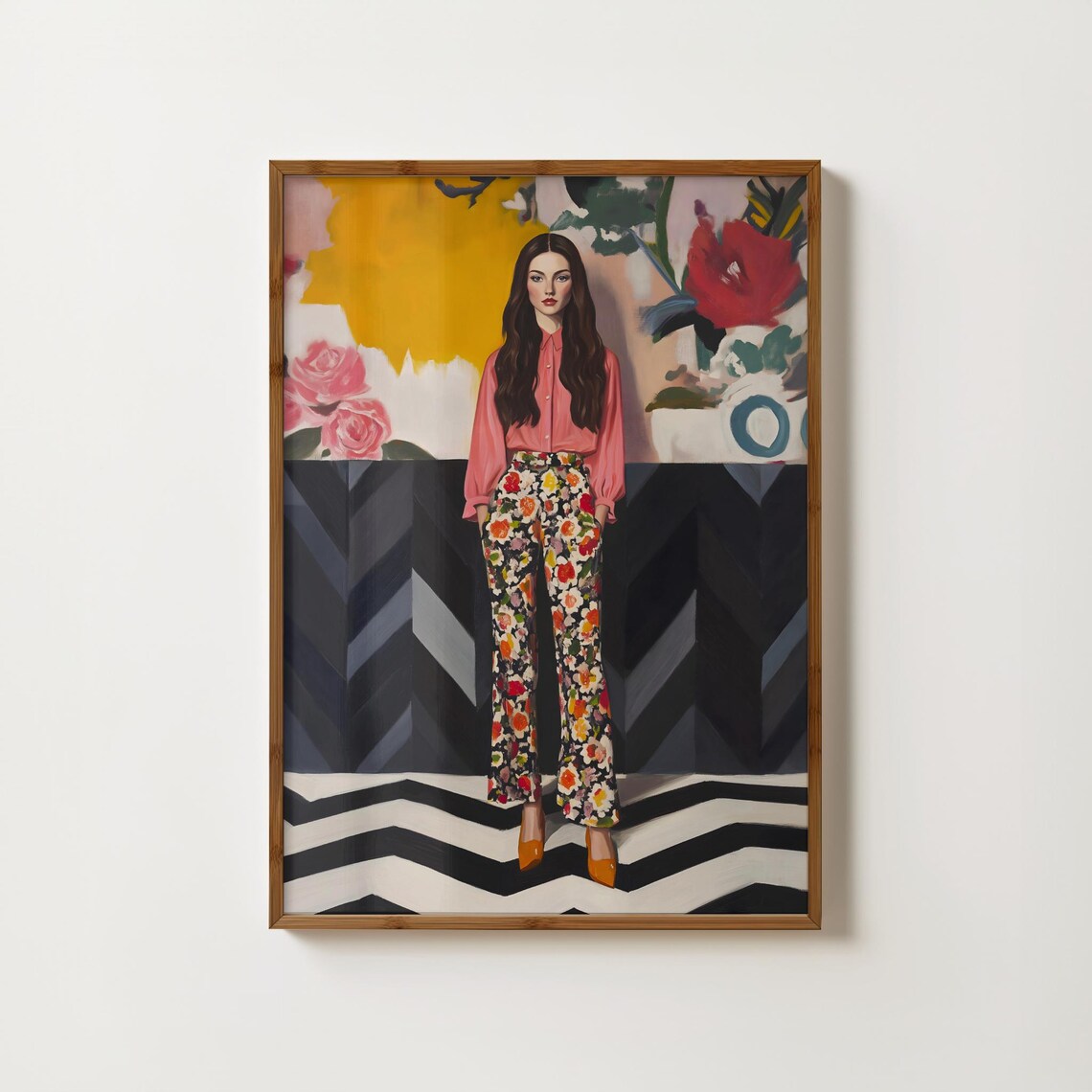Woman in Floral Trousers and Pink Blouse Fashion Portrait Print