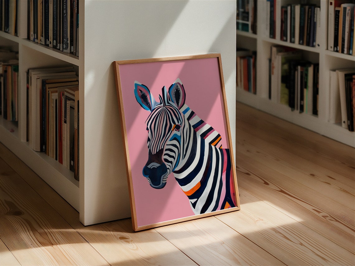 Colorful Zebra Head Portrait on Pink Pop Art Statement Wall Poster - Image 2
