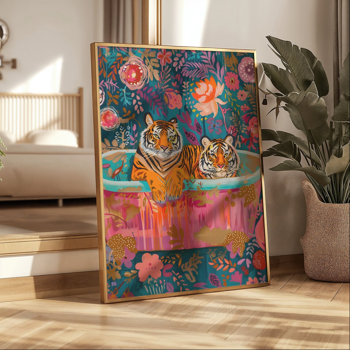 Tiger in Bath, Maximalist Bathroom Wall Art Print - Image 3