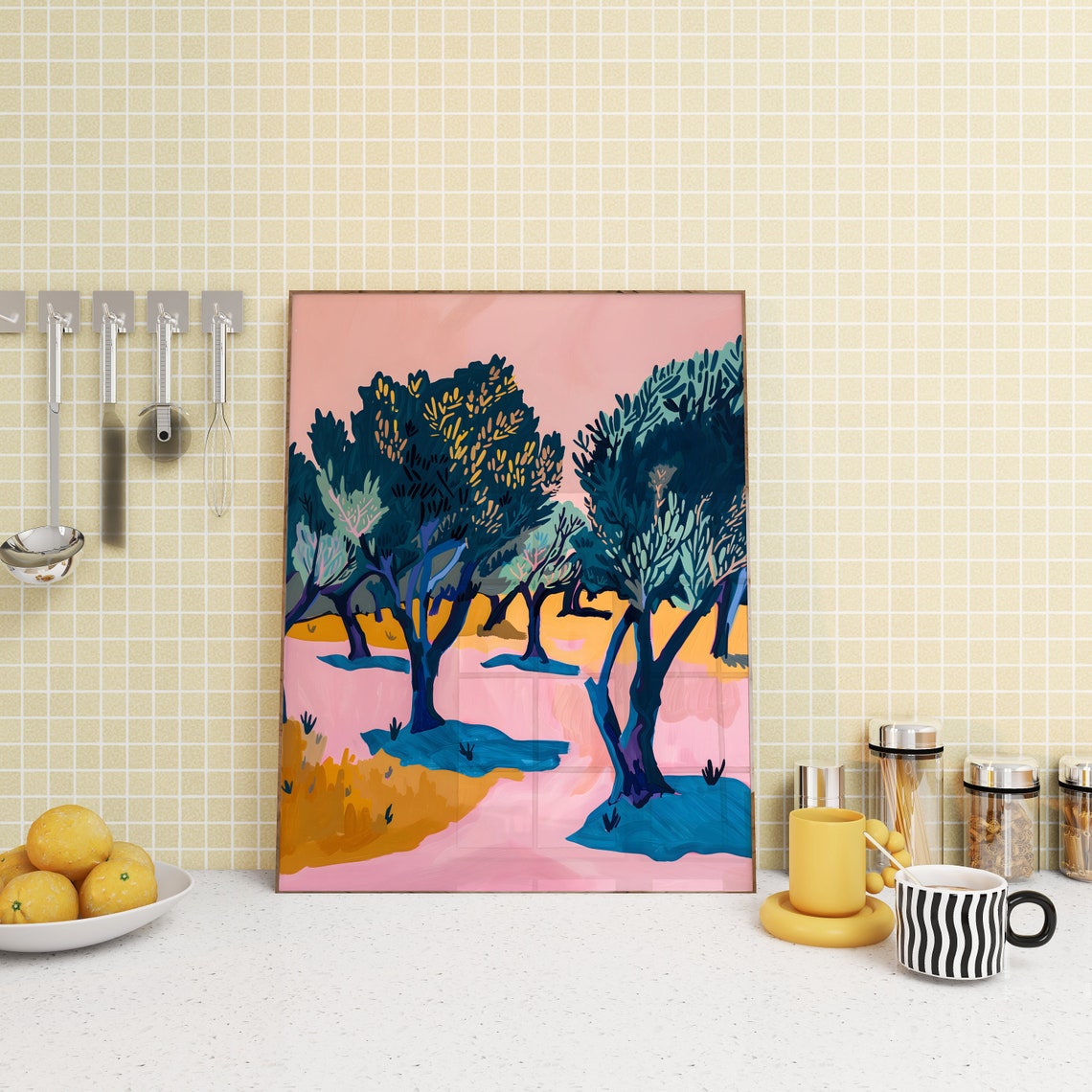 Pink Olive Grove Abstract Mediterranean Trees Painting Poster - Image 2
