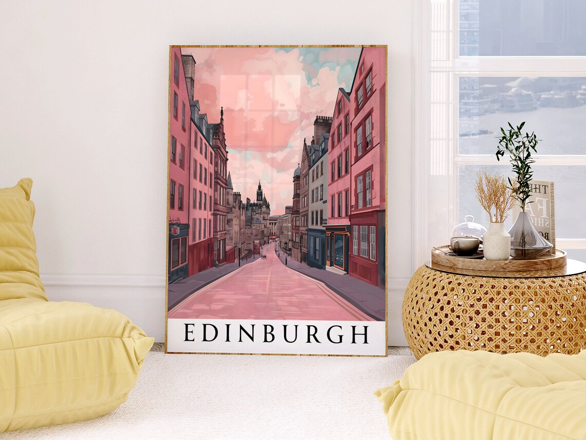 Edinburgh Royal Mile Street In Pink Hues Vintage Travel Poster - Image 3