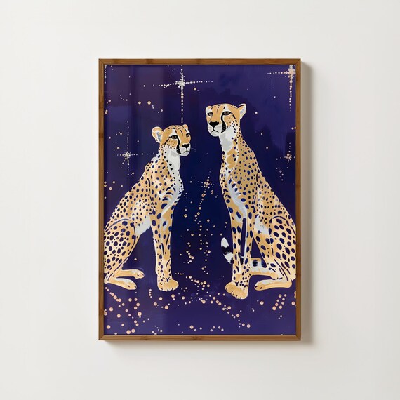 Two Cheetahs Beneath A Glittering Starry Night Sky Decorative Poster