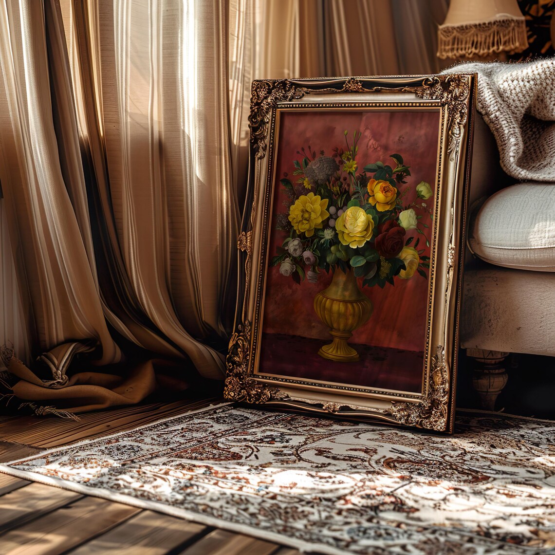 Golden Urn Yellow Bouquet Moody Red Floral Painting Style Poster - Image 4