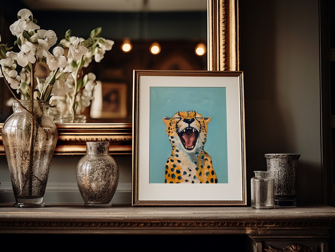 Yawning Cheetah In Playful Pop Art Style On Light Blue Background Poster - Image 2
