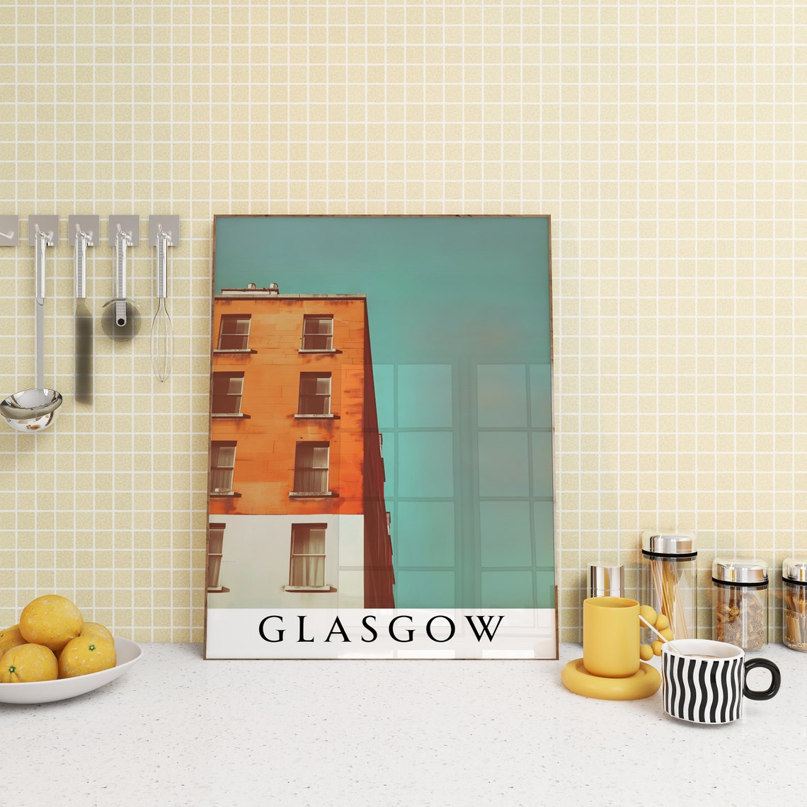 Glasgow Orange Tenement Building Facade Under Teal Sky Poster - Image 3