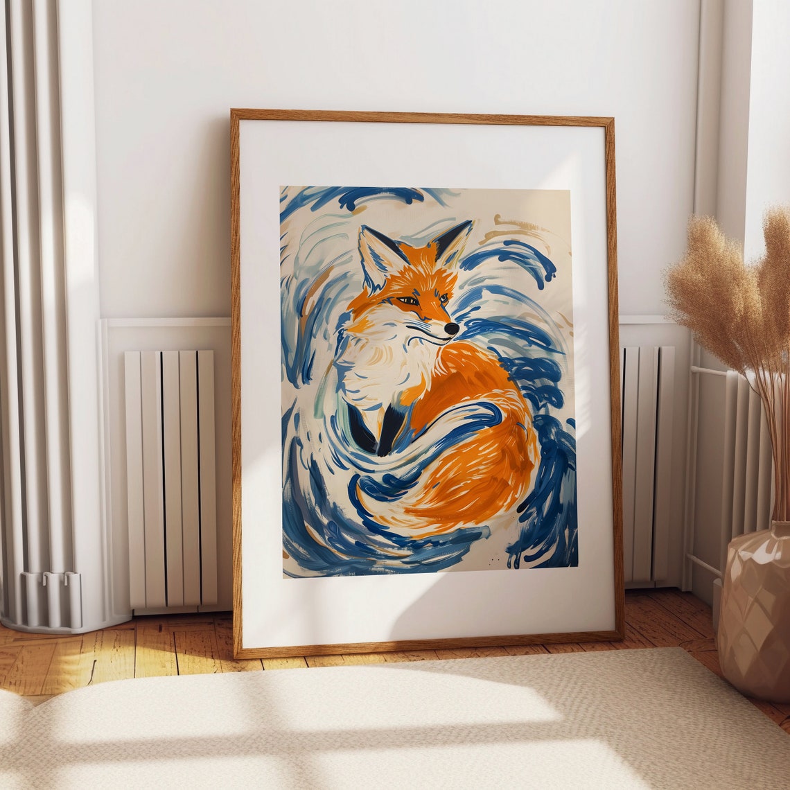 Orange Fox Curled Blue Waves Swirl Dreamy Bohemian Wall Art Decor - Image 3