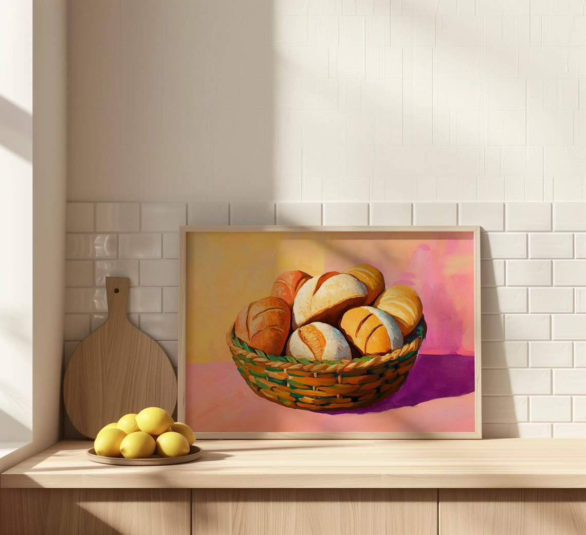 Woven Basket Of Fresh Golden Bread Rolls On Pink Background Poster - Image 4
