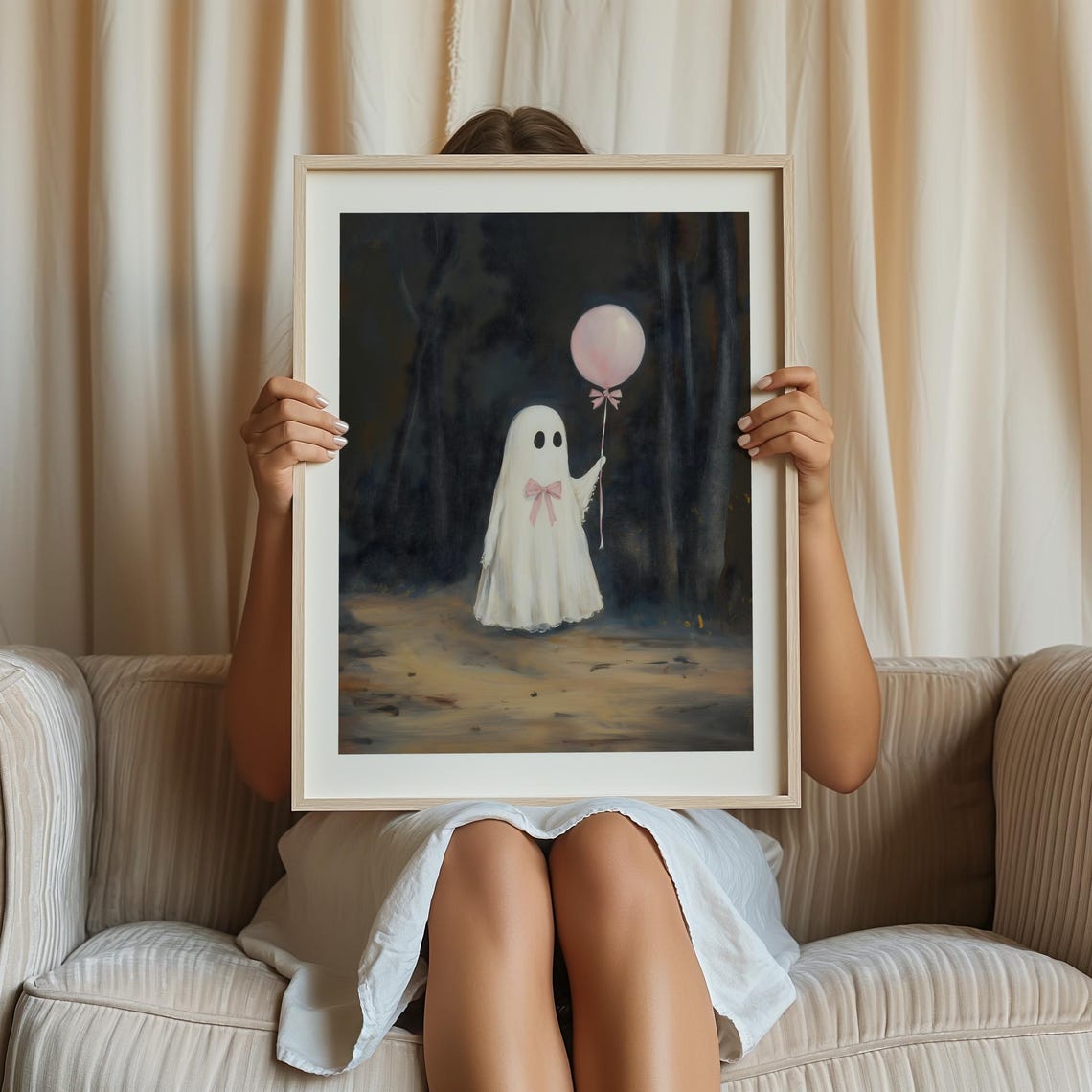 Coquette Ghost With Pink Balloon Cute Spooky Halloween Print - Image 4