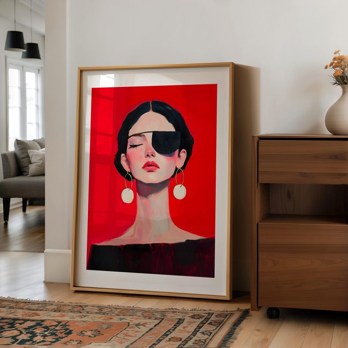 Bold Red Portrait of a Woman Wearing a Black Eye Patch Poster - Image 3