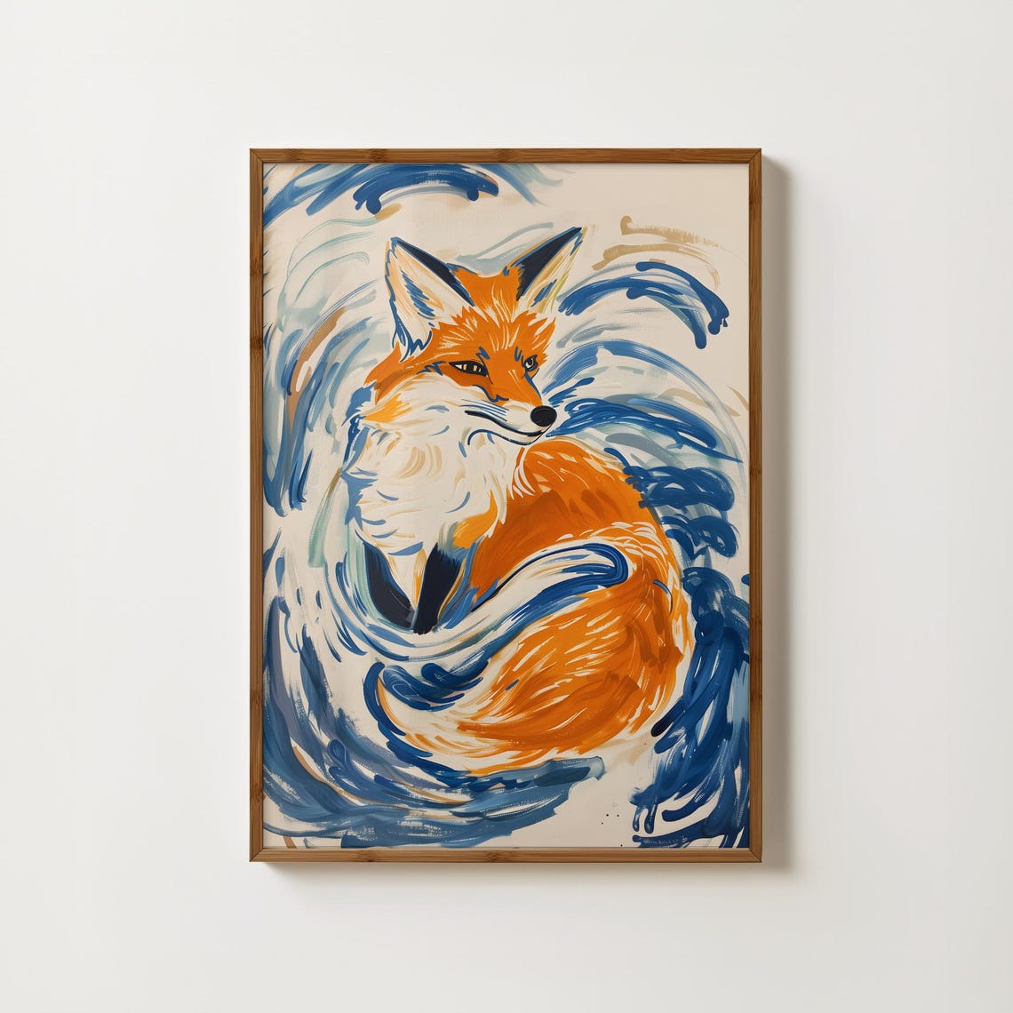 Orange Fox Curled Blue Waves Swirl Dreamy Bohemian Wall Art Decor