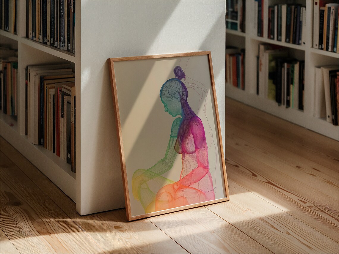 Woman Meditating in Rainbow Chakra Colors Line Art Yoga Poster - Image 2