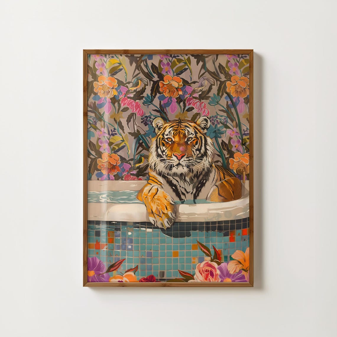 Tiger Relaxing in a Bathtub With Floral Wallpaper Whimsical Poster