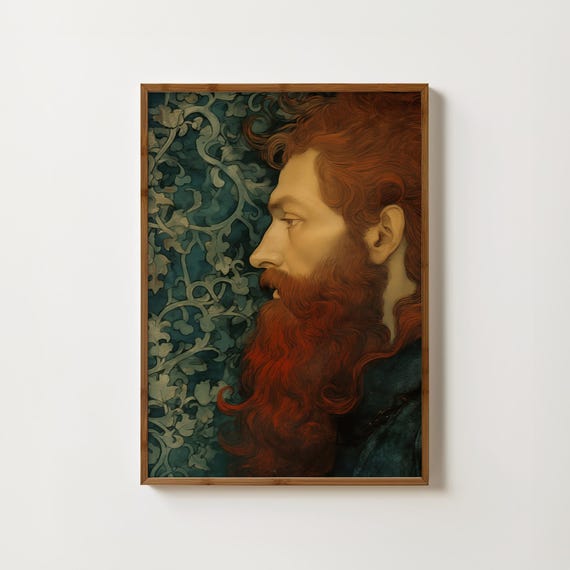 Man With Red Beard Portrait Print Mens Portrait Painting Moody Wall Art Red And Green Prints Face Illustration Beard Drawing Unique Portrait