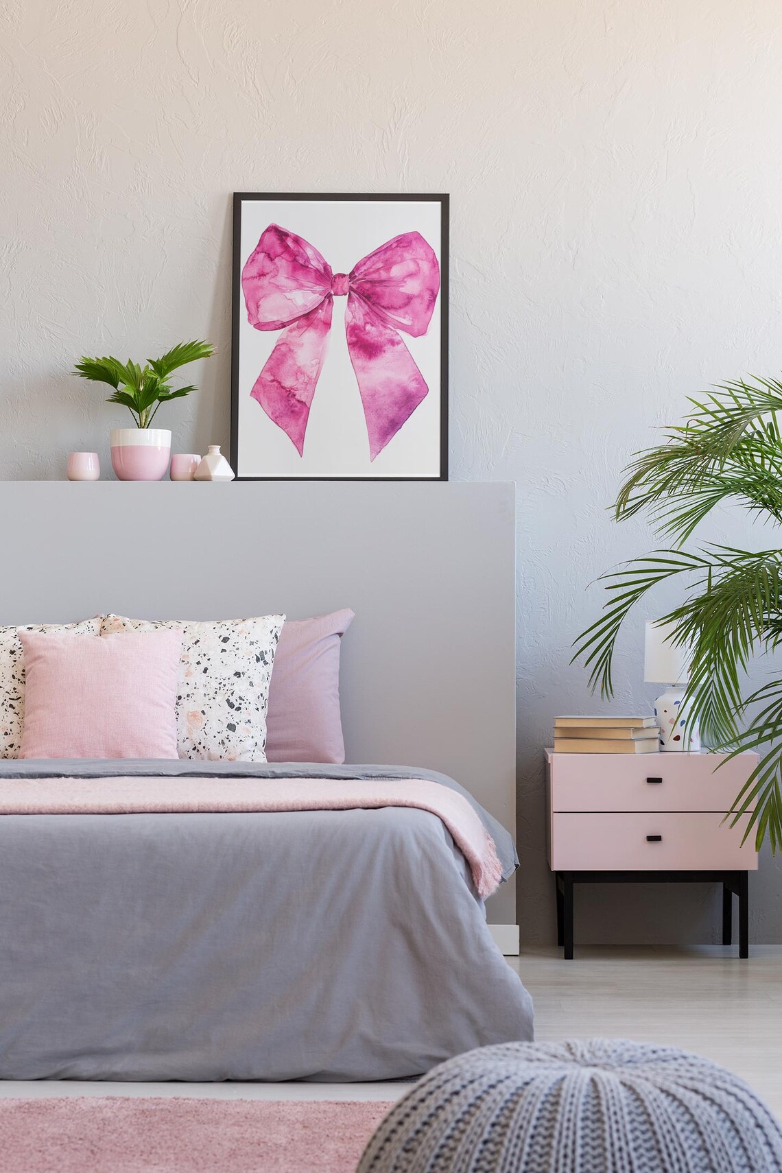 Hot Pink Watercolor Bow On Gray Preppy Girls Wall Decor Poster - Image 3