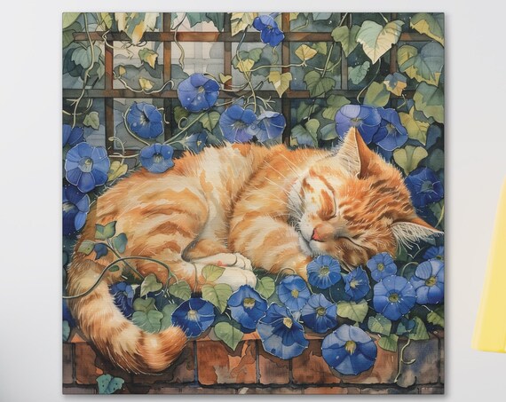 Ginger Cat Napping Among Blue Morning Glory Flowers Floral Poster
